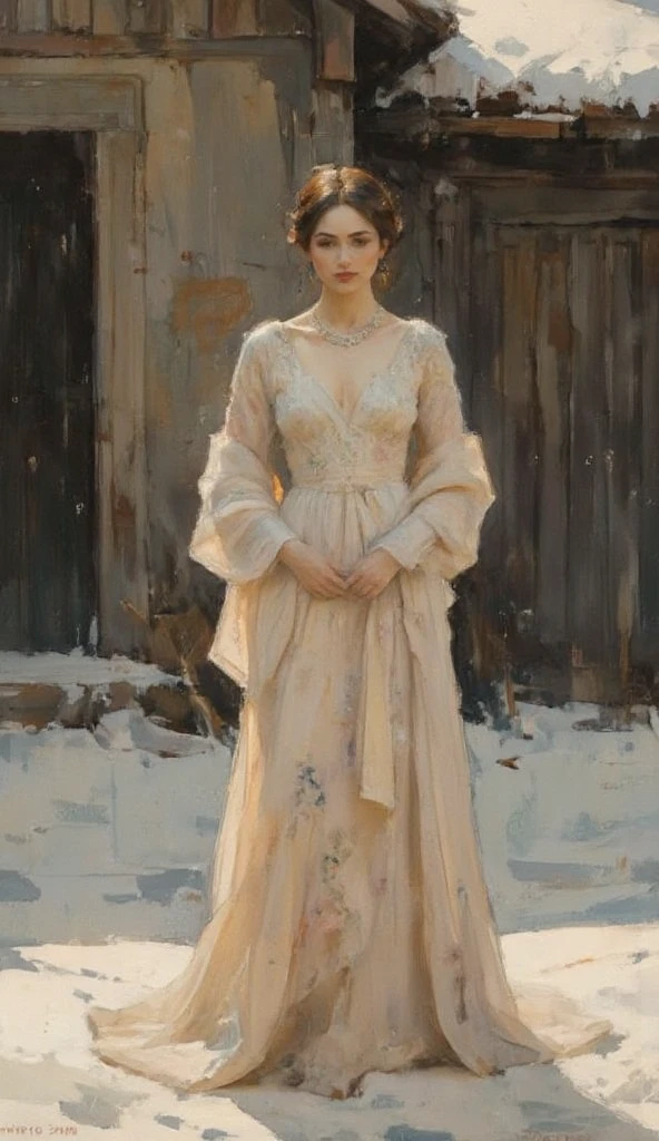 a full body image of a beautiful young woman, in a snowy village, cold atmosphere, detailed face and eyes, intricate clothing folds, soft lighting, winter landscape, warm color tones, photorealistic, cinematic composition, highly detailed A highly detailed full body fashion illustration, featuring a confident woman wearing an elegant evening gown, designed with intricate floral patterns and a long flowing train, accessorized with sparkling jewelry. ensuring the focus remains on the outfit and character design. The lighting is soft and even, highlighting the textures and details of the fabric. The image is presented in a clean, professional style, ideal for a high-fashion design portfolio.
