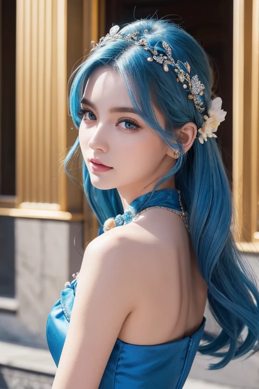  top quality , skilled,  detailed hair,  high res, (((itch))) , necklace,  hair accessories, ( beautiful faces),  blue dress,  Watch Viewers ,  Blue Hair,  is standing, （Above the waist），Medusa