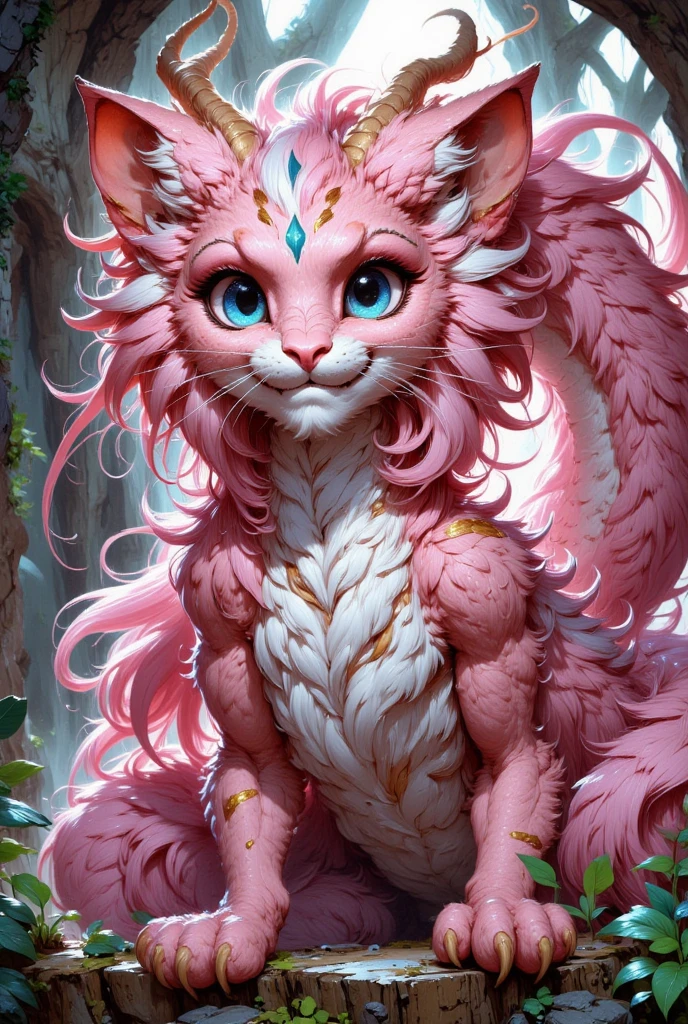 combines the characteristics of a cat and dragon. gaint, It has a connection with the three elements of earth, air and fire. fantasy setting, 8k, uhd, masterpiece, detailed. Pink fur with golden parts on head, neck and paws. Fluffy, long fur