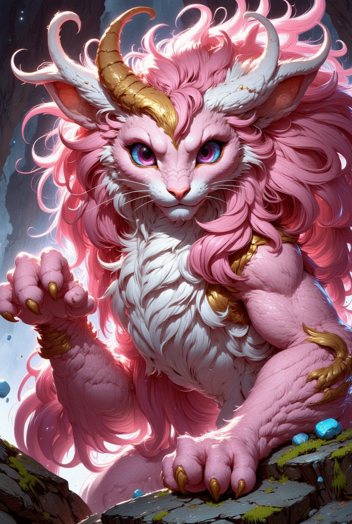 combines the characteristics of a cat and dragon. gaint, It has a connection with the three elements of earth, air and fire. fantasy setting, 8k, uhd, masterpiece, detailed. Pink fur with golden parts on head, neck and paws. Fluffy, long fur