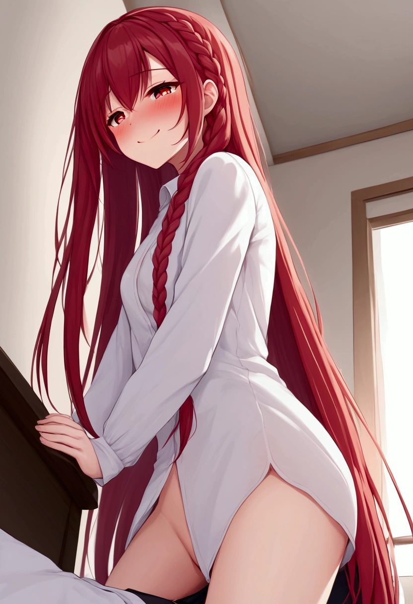 (((styled beautiful clear atmosphere animation image, orgasm face, drooping eyes, blush, shame smile))), ((standing and straddling to hit (focus on her crotch) against a corner of the table))), (only oversized dress shirt), angle from side below,very long hair with braid, red eyes, 