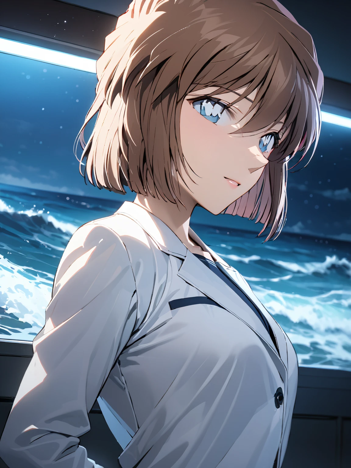 (Haibara Ai),  brown hair, Researcher,  high school girl, Night sea,  cowboy shot , masterpiece:1.5, masterpiece, highest quality, UHD, retina, masterpiece, accurate anatomy, super detailed, high quality, best quality, 8k