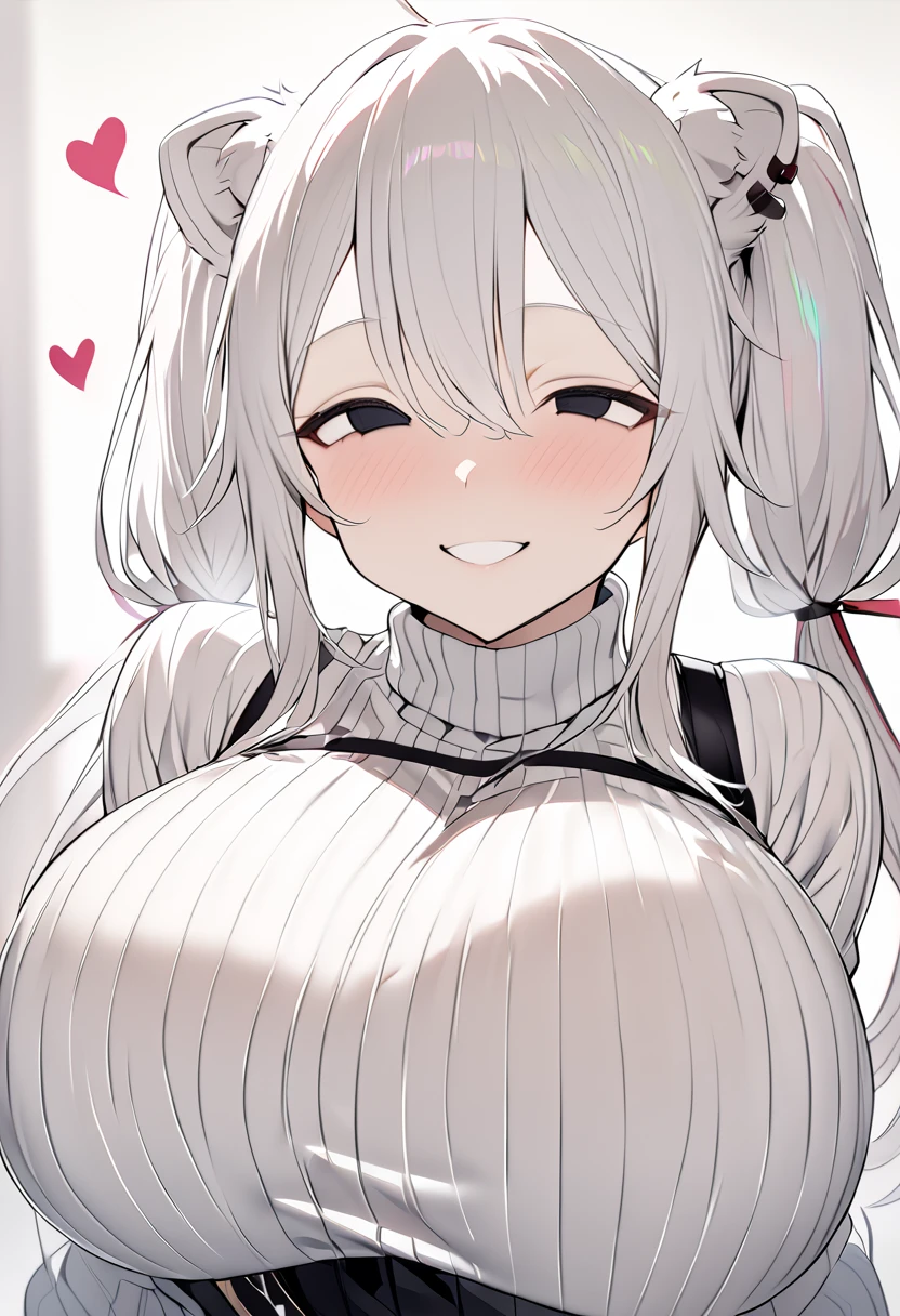    Shishirabotan、  Black knitted outfit 、 vertical striped sweater 、  black sweater、huge breasts:1.5、sagging breast:1.5、  1 girl、  Portrait、 Speaking Heart 、  focus on faces 、  straight hair  、  twin tails、  slightly disheveled hair、White Lion、Vertical white lines on clothes、 Hollow Eyes 、 grabs the breast、smile