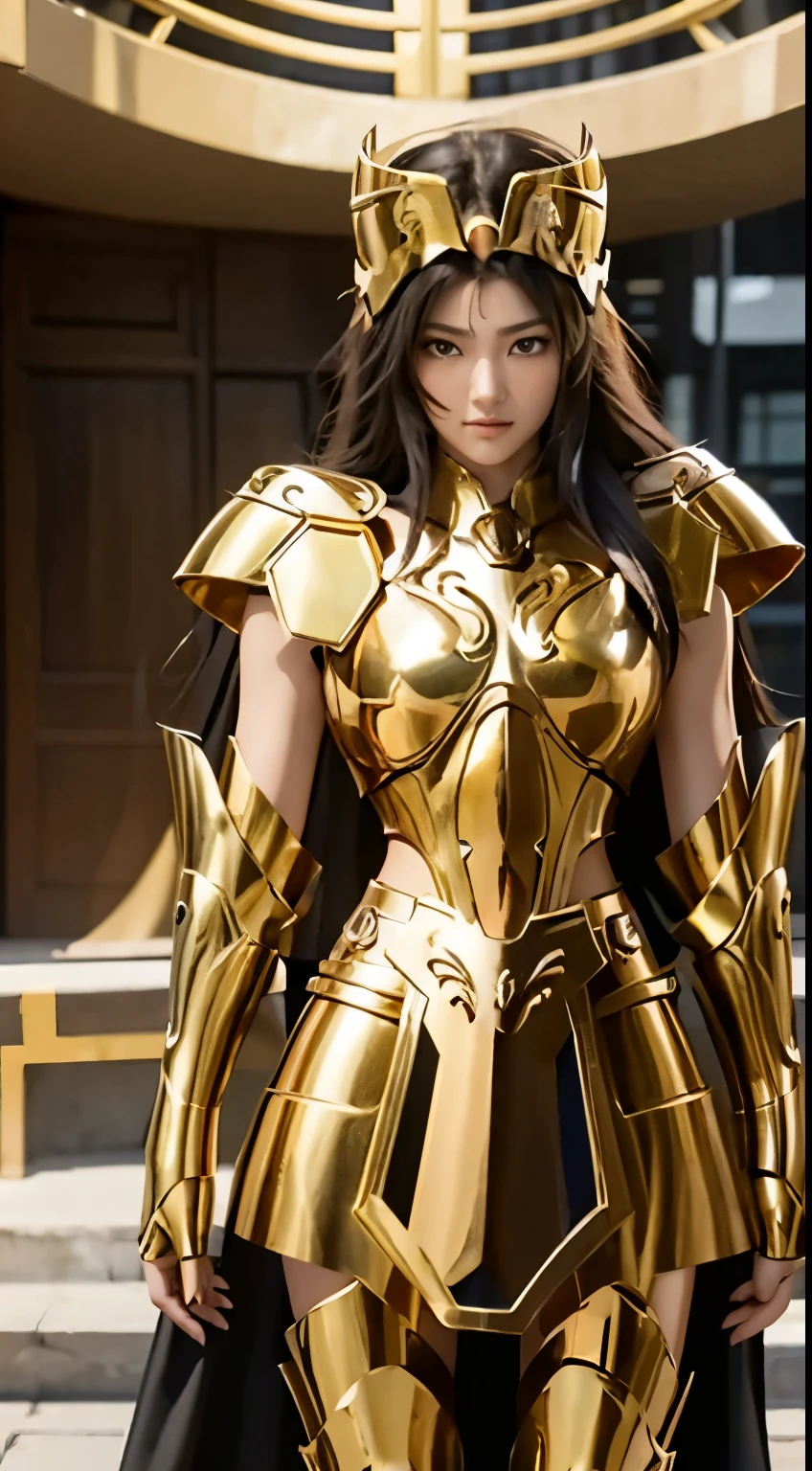 A realistic depiction of a beautiful hijab-wearing female warrior in elegant golden armor inspired by the anime Saint Seiya, with black golden metal shoulder guards, black golden metal chest guards, black golden metal abdominal guards shaped like abdominal muscles, black golden metal iron gloves, black golden metal iron shoes, a hijab adorned with a headset shaped like small wings, round eyes, shiny red lips, and a standard female body. Her outfit features intricate patterns, iron armor mode, shining accents, and motifs resembling Saint Seiya Zodiac, covering her entire body. standing pose and facing the camera. She wears a hijab that harmonizes with the gold and blue metal tones of her body armor, radiating divine strength and elegance. Her background is a magnificent and ethereal battlefield, the background appearing hazy.