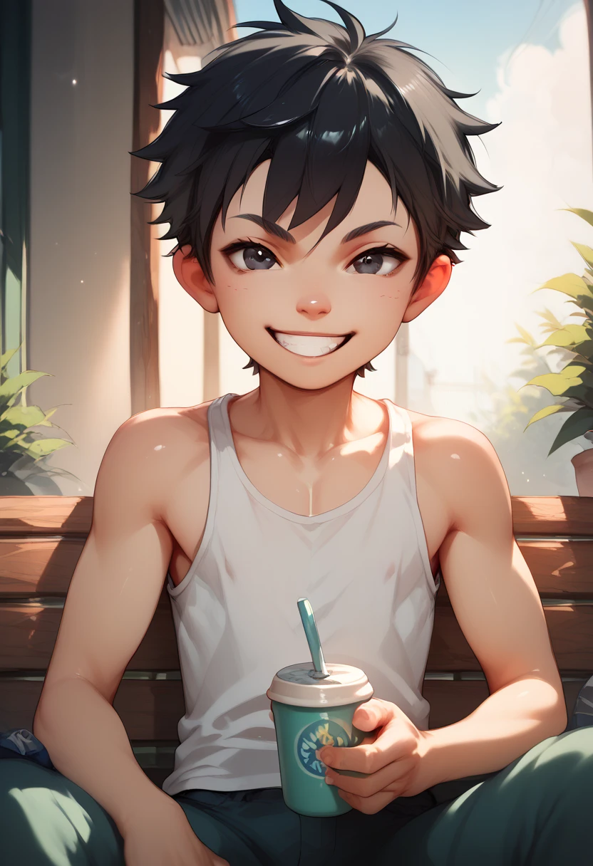 Strip tease Shota,  black hair,  black eyes ,  mischievous smile