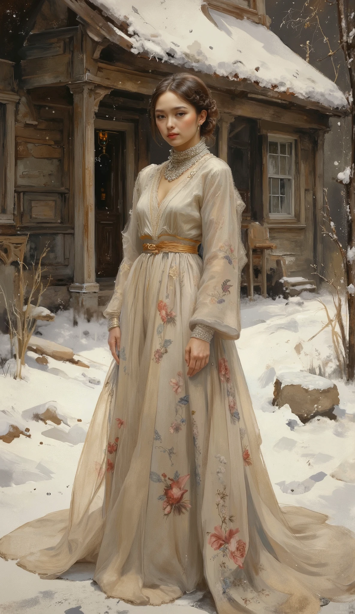 a full body image of a beautiful young woman, in a snowy village, cold atmosphere, detailed face and eyes, intricate clothing folds, soft lighting, winter landscape, warm color tones, photorealistic, cinematic composition, highly detailed A highly detailed full body fashion illustration, featuring a confident woman wearing an elegant evening gown, designed with intricate floral patterns and a long flowing train, accessorized with sparkling jewelry. ensuring the focus remains on the outfit and character design. The lighting is soft and even, highlighting the textures and details of the fabric. The image is presented in a clean, professional style, ideal for a high-fashion design portfolio.
