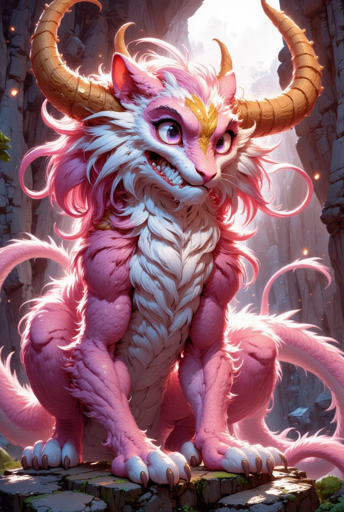 combines the characteristics of a cat and dragon. gaint, It has a connection with the three elements of earth, air and fire. fantasy setting, 8k, uhd, masterpiece, detailed. Pink fur with golden parts on head, neck and paws. Fluffy, long fur