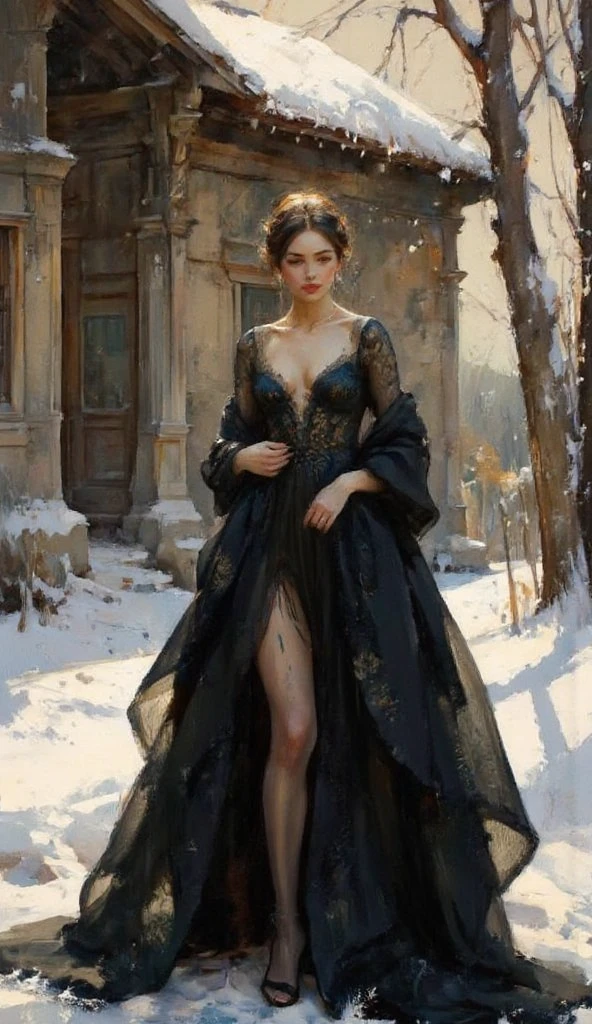 a full body image of a beautiful young woman, in a snowy village, cold atmosphere, detailed face and eyes, intricate clothing folds, soft lighting, winter landscape, warm color tones, photorealistic, cinematic composition, highly detailed A highly detailed full body fashion illustration, featuring a confident woman wearing an elegant black color evening gown, designed with intricate floral patterns and a long flowing train, accessorized with sparkling jewelry. ensuring the focus remains on the outfit and character design. The lighting is soft and even, highlighting the textures and details of the fabric. The image is presented in a clean, professional style, ideal for a high-fashion design portfolio.
