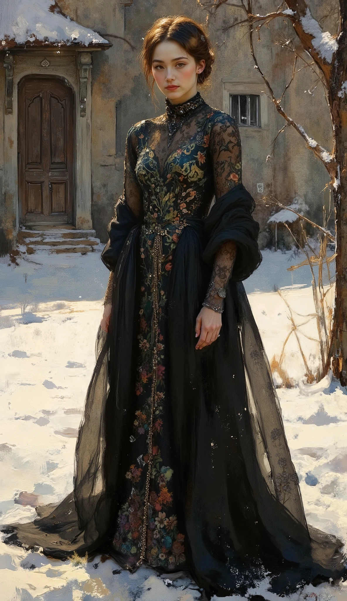 a full body image of a beautiful young woman, in a snowy village, cold atmosphere, detailed face and eyes, intricate clothing folds, soft lighting, winter landscape, warm color tones, photorealistic, cinematic composition, highly detailed A highly detailed full body fashion illustration, featuring a confident woman wearing an elegant black color evening gown, designed with intricate floral patterns and a long flowing train, accessorized with sparkling jewelry. ensuring the focus remains on the outfit and character design. The lighting is soft and even, highlighting the textures and details of the fabric. The image is presented in a clean, professional style, ideal for a high-fashion design portfolio.
