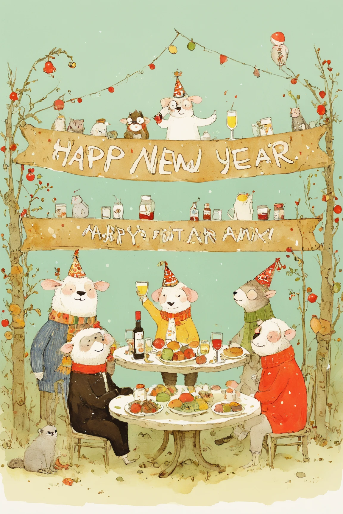 「happy new year」Signboard, New Year's Eve Party with Drunk Animals,  Red Faced Animals ,monkey,dog,cat,sheep,Rat, Meerkat ,butterfly, drink sperm with a , Very Complex and Detailed Ink Painting  ,  Colors of Ink and Silk  , Ink and watercolor illustrations , Ration,Book illustrations, watercolor,  Full Page Illustration  , Picture Book illustrations, very detailed, Cartoon anime animals,Party Hats,fruit,The animals that toast,cracker🎉🎉🎉