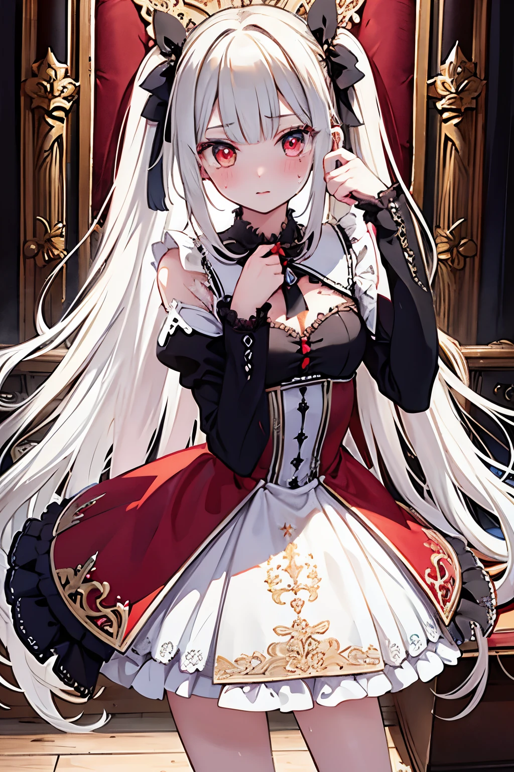 (masterpiece, top quality, best quality, official art, beautiful and aesthetic:1.2), (1girl:1.3), (fractal art:1.3),absurd, masterpiece, best quality, realistic, hyper-detailed, (shiny skin, sweaty:1.4), looking at viewer, slender, 1girl, solo, white sneakers, white miniskirt, straight long hair, princess cut, white hair, red eyes, (thick thighs:0.5), dynamic lighting, high resolution, sharp focus, depth of field, small breasts, vampire, masterpiece, best quality, ultra-detailed, illustration, ultra-detailed face, best quality face, evil, 18 years old, adult, 1girl, 18 years old, white hair, alchemy outfit, intricate detailed outfit, sexy pose, glowing red dress, cute, kawaii, digital art, finely detailed eyes, blushing, red cheeks