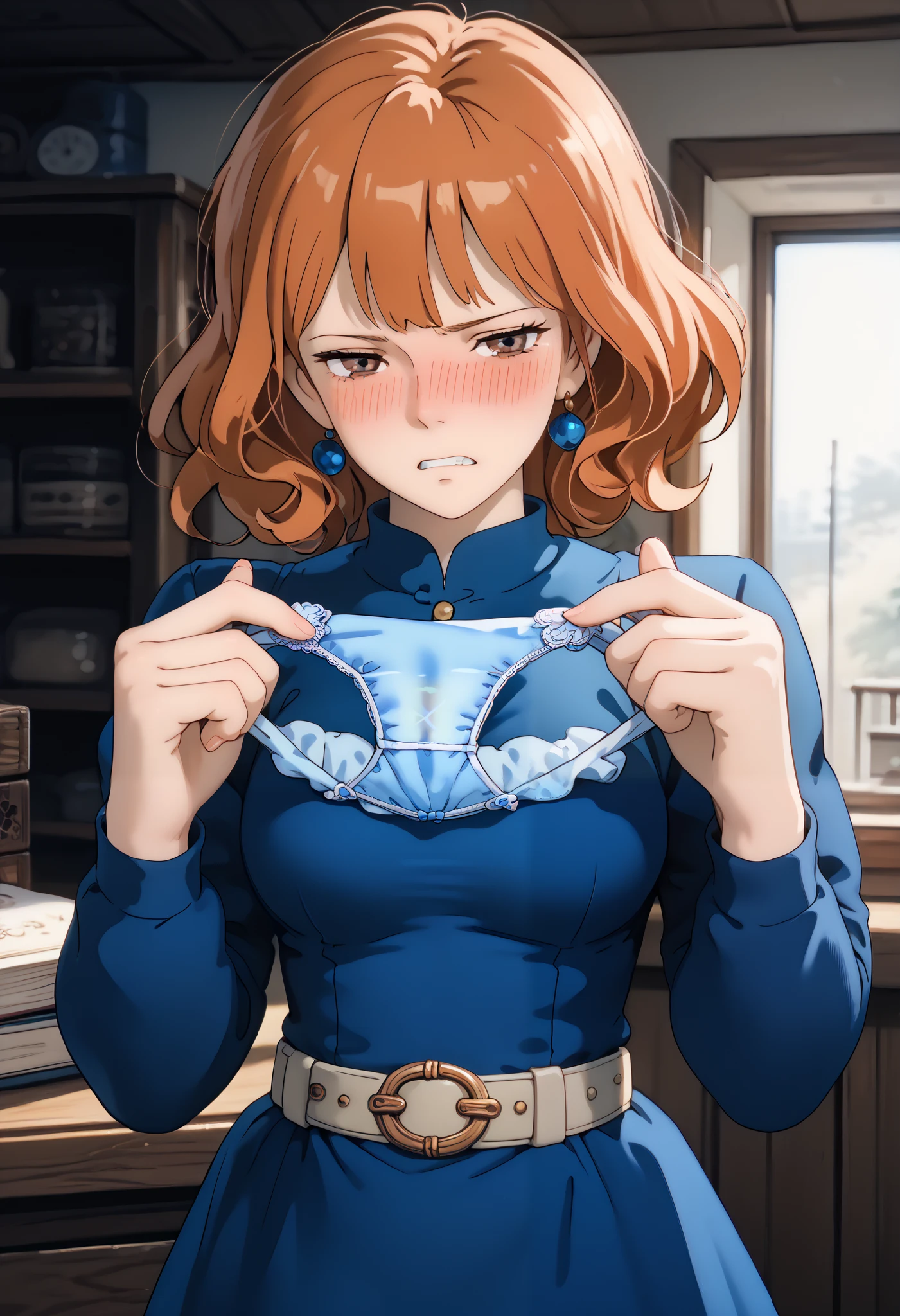 (Nausicaa,1girl,Orange hair, medium hair, brown eyes, medium breasts, earrings, (dark blue short dress:1.3), , long_ sleeves, belt) straight-on (cowboy shot:1.2) Looking Side:1.5 (embarrassed:1.3) narrowed eyebrows:1.3 (frown:1.3) clenched teeth:1.5 (narrowed eyes:1.5) ( Next:1.5) troubled eyebrows:1.3 (withdrawn face:1.6),nose blush embarrassed,blush:1.5 feeling weak:1.3 (holding blue panties unworn blue panties Unworn blue panties:1.5) hands panties standing:1.2 inner thigh:1.2 high quality panties:1.2 An old wooden interior