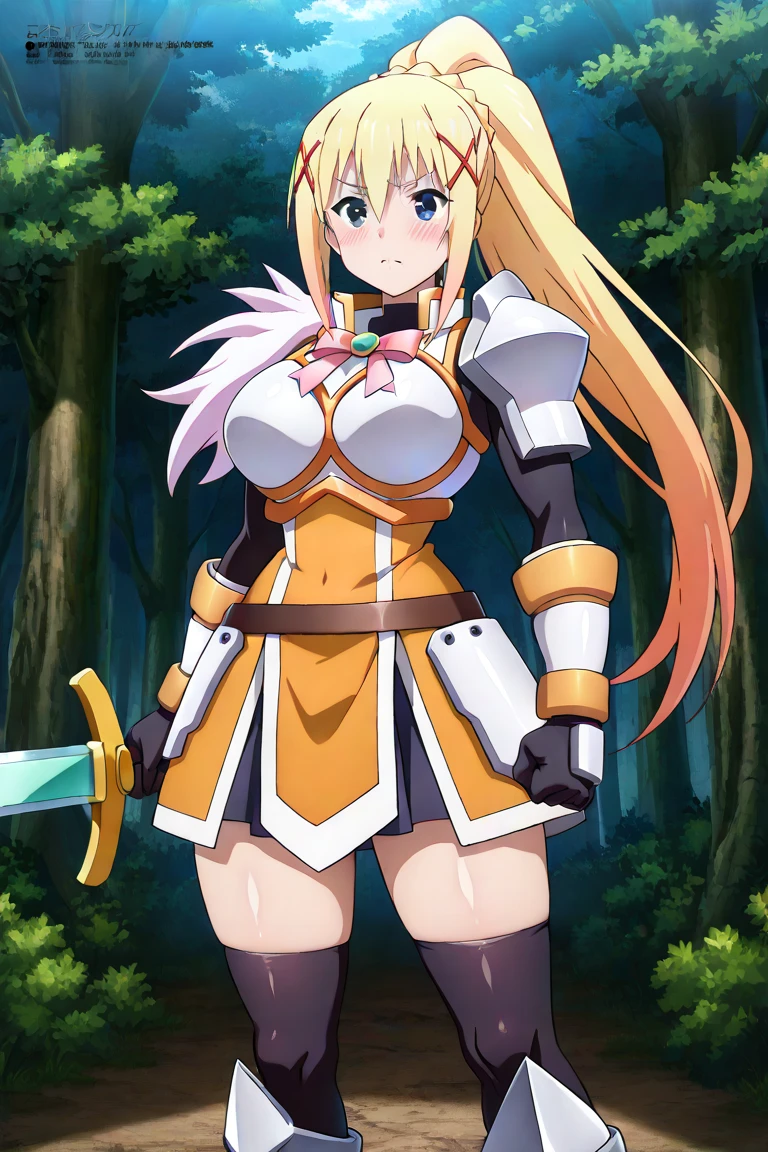 1girl,darkness,konosuba,forest , body armour, sword, white armour, skirt
 ,  Prompt: (huge gigantic super mega hyper:1.4),(biggest round giant massive :1.4), (only one women), source_anime,masterpiece,best quality,highres,absurdres,official art,official style,source_anime,anime screencap,anime coloring,megami magazine,anime,animated,explicit, shiny skin,hot, fighting goblins, darkness body armour, 