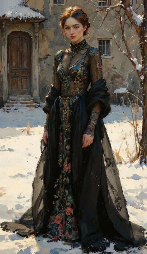 a full body image of a beautiful young woman, in a snowy village, cold atmosphere, detailed face and eyes, intricate clothing folds, soft lighting, winter landscape, warm color tones, photorealistic, cinematic composition, highly detailed A highly detailed full body fashion illustration, featuring a confident woman wearing an elegant black color evening gown, designed with intricate floral patterns and a long flowing train, accessorized with sparkling jewelry. ensuring the focus remains on the outfit and character design. The lighting is soft and even, highlighting the textures and details of the fabric. The image is presented in a clean, professional style, ideal for a high-fashion design portfolio.
