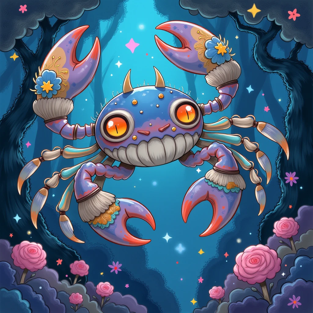 illustration in the style of WHMSCPE001, Magikrab with blue-purple shiny-purple gray gold and navy blue color palette 

