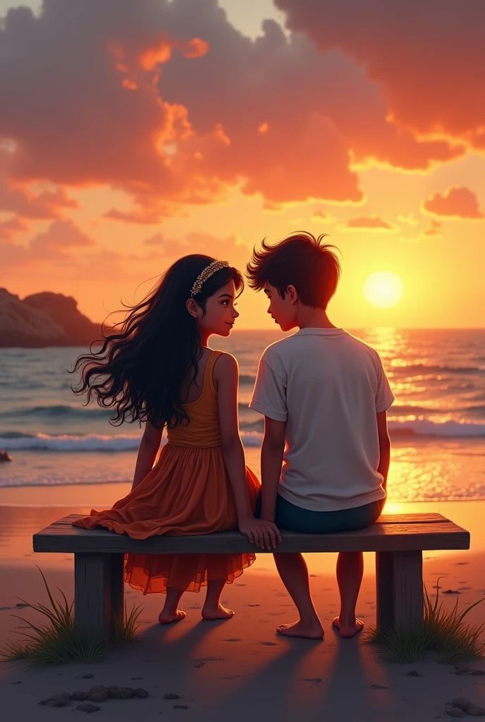 an Indian girl with light skin and wearing a red floral dress strap to her knees and with wavy hair darkest shade of brown mid length siting beside a German boy with blonde hair taller than her wearing a green linen shirt with beige shorts . The scene is on the beach they are facing there back and sitting watching the sunrise on the beach with a little laid back posture and their hands touching a little they are teenagers and sitting a 
bit apart but their hands fingers are touching . Realistic and make it seem like first love fresh teenage love summer story type looking at each other deeply blushing really hard and tumbled across 