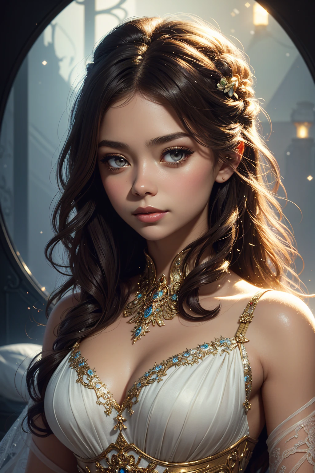 (Best Quality,Ultra - detailed,best illustration,best shadow,tmasterpiece,A high resolution,Professional Illustrations,famous works of art),detailed eyes,beautiful eyes,Close-up cleavage,sci-fy,colored sclera,robot eyes,facial marks,tattooed with,(fractalized,fractal eyes),large eyes,eyes wide open,(Eye focus),Face focus,cosmic eyes,space eyes,Closeup of metal sculpture of a woman with a moon in her hair,Goddes。Extremely high details,3D Portrait of the Goddess,Extremely detailed images of the goddess,A stunning portrait of a goddess,Side image of the goddess,Portrait of a beautiful goddess,Full length portrait of the goddess,hecate goddess,Portrait of a Norse goddess of the moon,Goddess of space and time, smiling