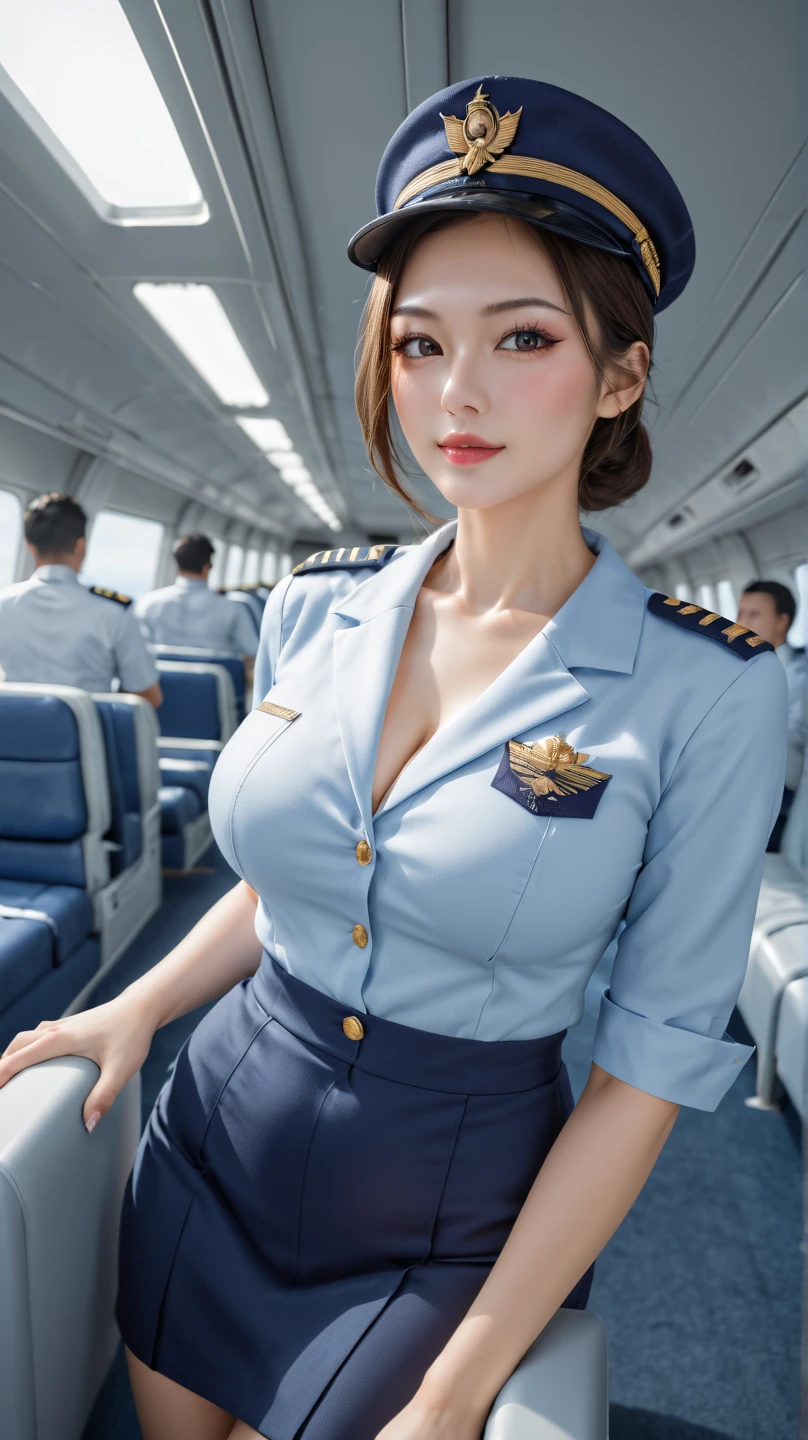 (best quality,4k,8k,highres,masterpiece:1.2), ultra-detailed, (realistic,photorealistic,photo-realistic:1.37), (beautiful detailed eyes, beautiful detailed lips, extremely detailed eyes and face), facial mix of liza soberano,  studio lighting, physically-based rendering,vivid colors, (big tits, super big tits, super extra big tits:0.8), (pilot's uniform, all buttons open, cleavage, tie, shirt, hat, watch, clean appearance:1.5), (soft lighting:0.8), full body, sitting seductively,