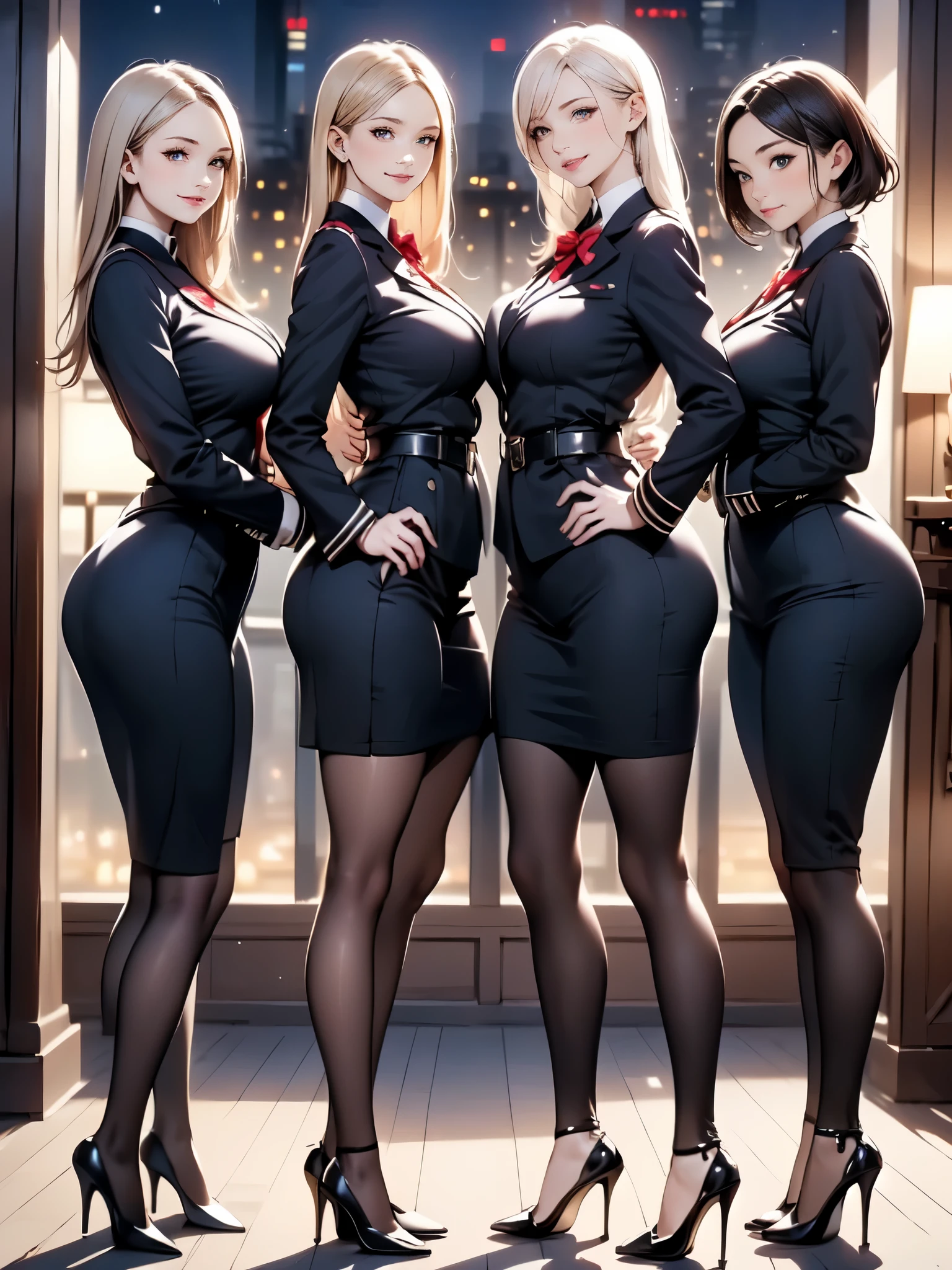 Three women in uniform posing for a picture in front of a window ...