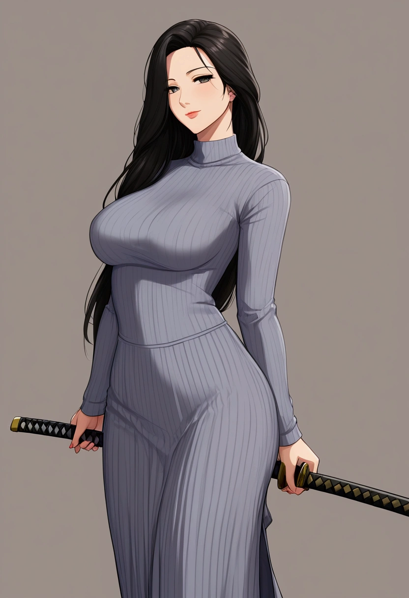 mother, milf, mature female, perfect face, perfect lighting,Black Hair、Straight Hair、Long hair tied in a low position、sexy female, High neck long sleeve ribbed knit T-shirt(loose)、Long maxi skirt, Sexy,  holding katana, 