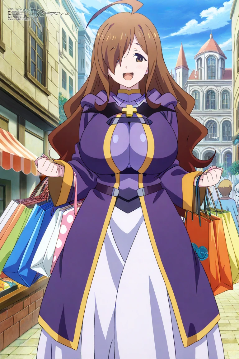 1girl,wiz,konosuba,city , dress,  fantasy city,shopping , happy, holding magic Cristal
 ,  Prompt: (huge gigantic super mega hyper:1.4),(biggest round giant massive :1.4), (only one women), source_anime,masterpiece,best quality,highres,absurdres,official art,official style,source_anime,anime screencap,anime coloring,megami magazine,anime,animated,explicit, shiny skin,