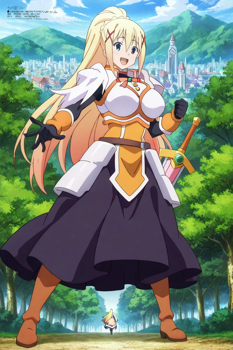 1girl,darkness,konosuba,city , dress,  fantasy forest,body armour,sword,white armour, happy
 ,  Prompt: (huge gigantic super mega hyper:1.4),(biggest round giant massive :1.4), (only one women), source_anime,masterpiece,best quality,highres,absurdres,official art,official style,source_anime,anime screencap,anime coloring,megami magazine,anime,animated,explicit, shiny skin,