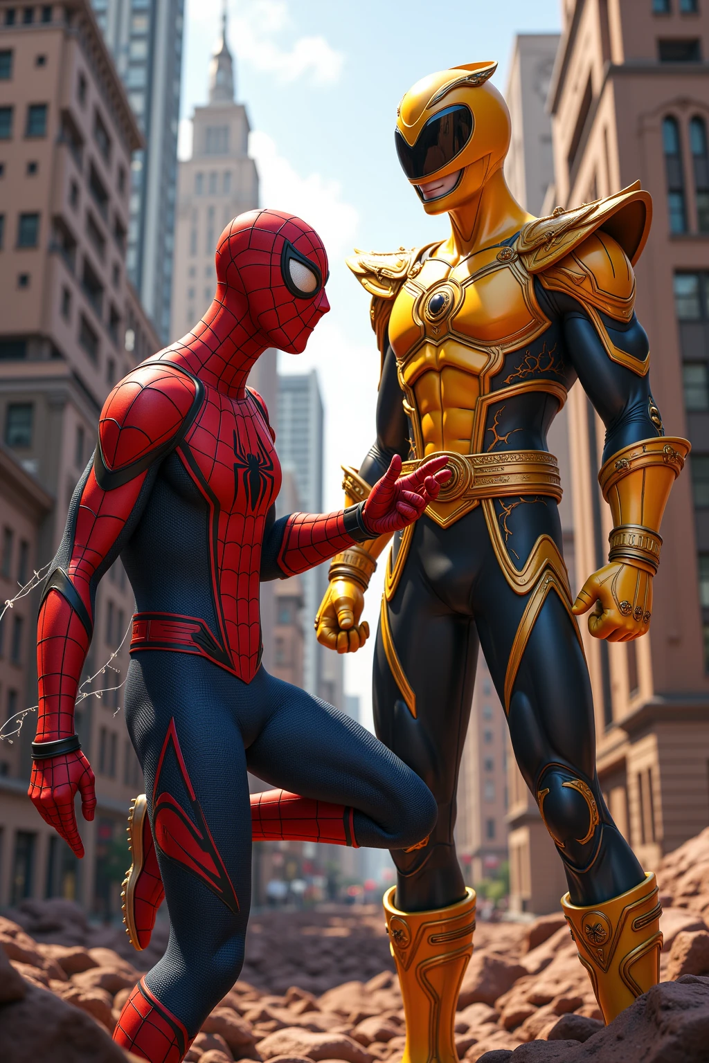 Make Spiderman fighting a blond man with medium-long hair, with black and gold superhero suit, and a golden cape