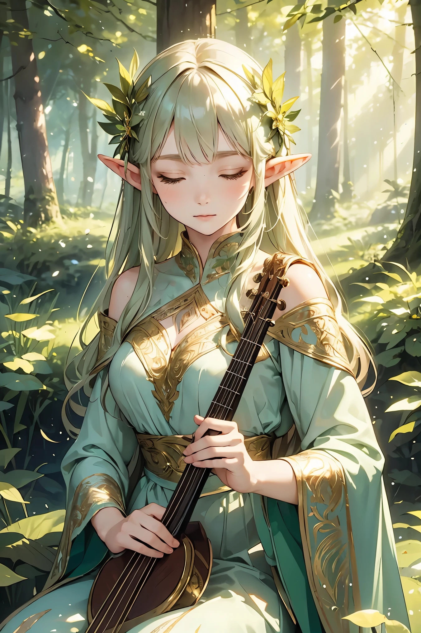 ((best quality)), ((masterpiece)), (detailed), perfect face, (best quality), (detailed skin:1.3), (intricate details), A serene elven woman with pointed ears and long flowing hair sits gracefully on a moss-covered stone in an ancient forest. She wears a delicate, flowing gown in shades of green and gold, adorned with intricate leaf patterns. The forest is bathed in soft, dappled sunlight streaming through the canopy of tall, ancient trees. Her eyes are closed as she gently plays a golden harp, her fingers moving gracefully across the strings. The scene is peaceful, surrounded by vibrant greenery, scattered wildflowers, and magical glowing orbs hovering faintly in the background, evoking a sense of enchantment and tranquility