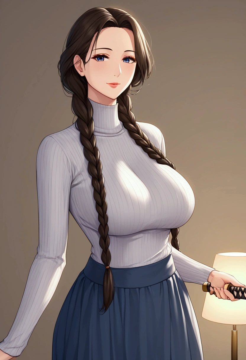 mother, milf, mature female, perfect face, perfect lighting,white with Braids Hair、Straight Hair、Long hair braids、sexy female, High neck long sleeve ribbed knit T-shirt(loose)、Long maxi skirt, Sexy,  holding katana, 