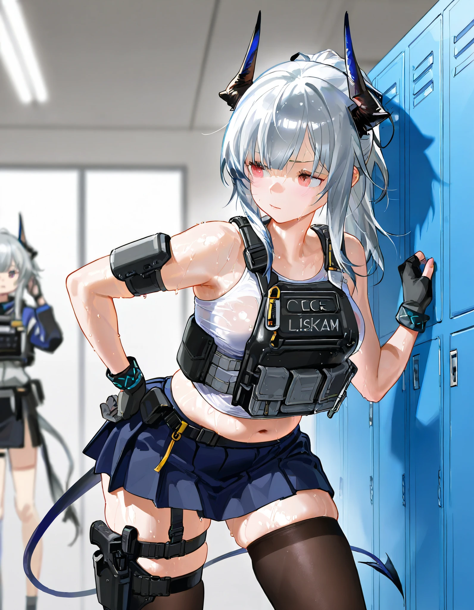 Artist : Nyalia Liskarm,、skirt,、nice realistic Breasts、body armor. liskarm、arknights、silver hair, stockings, thigh bag, holster, horns,  、young Woman、,  、 locker room, armory, 、 、 sweaty, slightly chubby, tail,