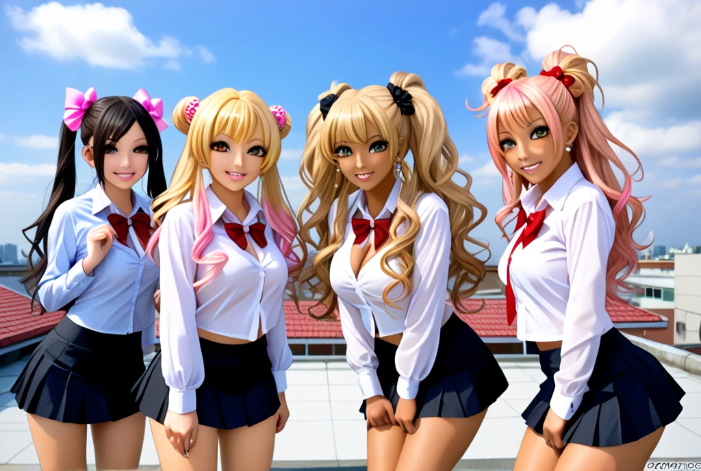 (masterpiece), best quality, expressive eyes, perfect face. 
(((three people))), beautiful gyaru, japanese schoolgirls, skimpy gyaru style school uniform, knotted end unbuttoned shirt with cleavage, navel, ride up cropped micro skirt pussy slip flashing, various gyaru makeup, on school rooftop, sky background, realistic, anime style with big round wide eyes various hairstyle, various hair color, (((three best friends))), (( black haired cool gyaru)) BREAK ((thirteen years oldyaru)) BREAK ((twelve years old pink hair cheerful  free pose, dynamic free movements, wind on hair, wind on skirt. 