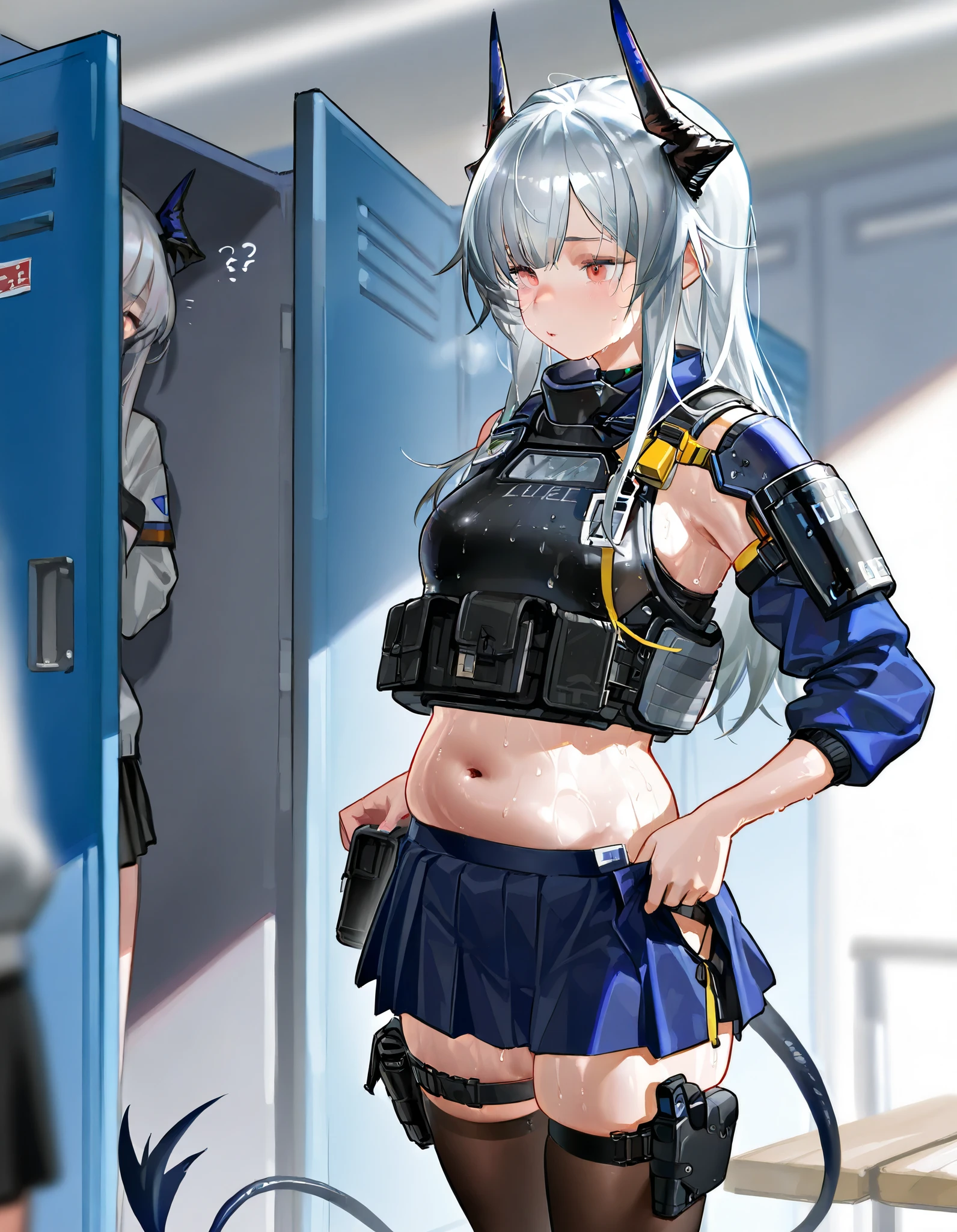 Artist : Nyalia Liskarm,、skirt,、nice realistic Breasts、body armor. liskarm、arknights、silver hair, stockings, thigh bag, holster, horns,  、young Woman、,  、 locker room, armory, 、 、 sweaty, slightly chubby, tail, undressing