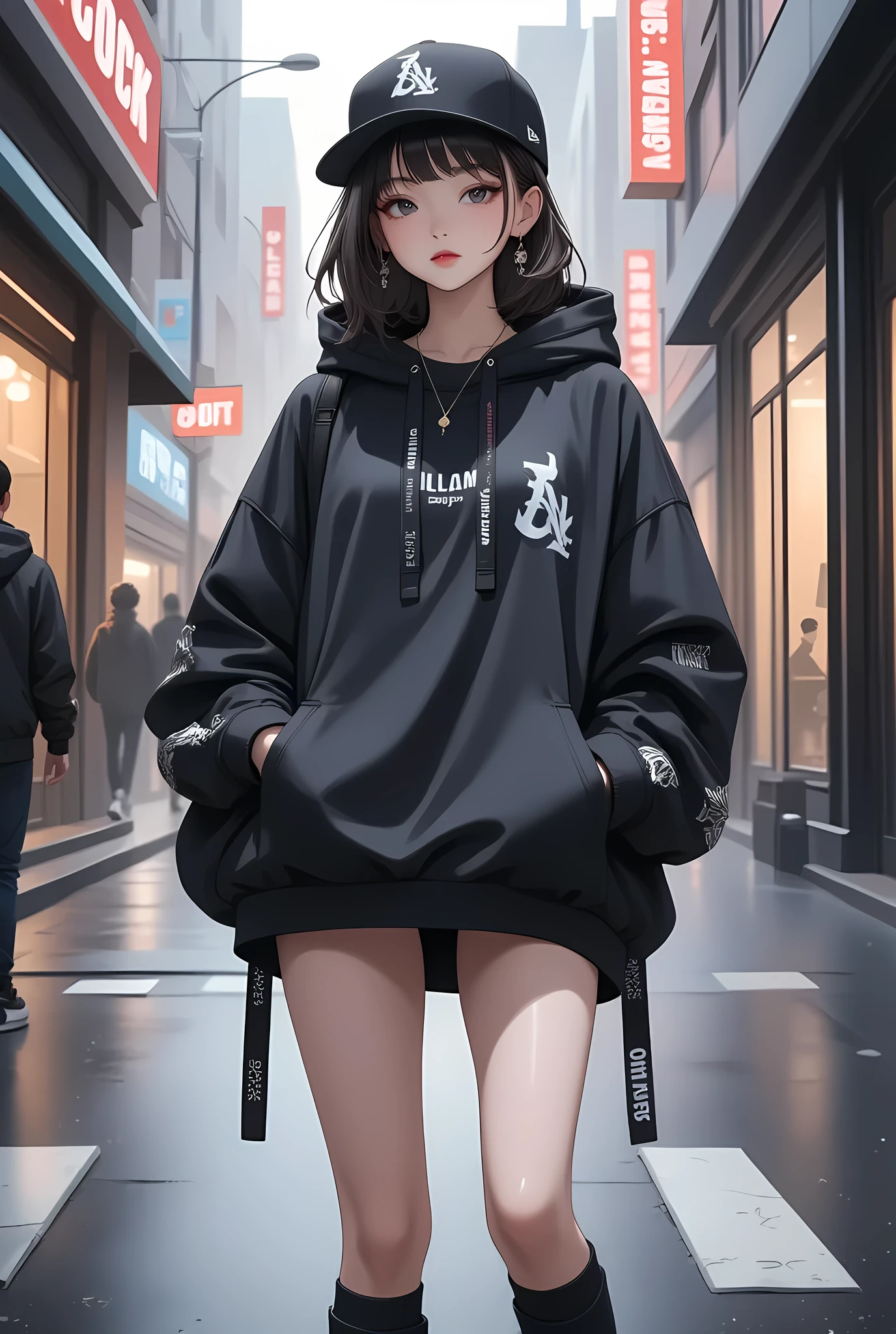 a girl in a black baseball hat and jacket standing on a street, street style 