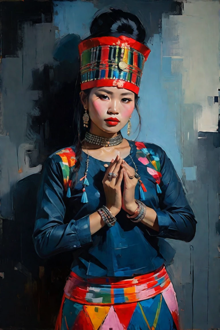 Create a contemporary portrait of a beautiful Kachin woman, Myanmar with Kachin Traditional dress, black long sleeve shirt and red skirt ,Decorated with silver coins, silver rings and decorated with silver chains on the black shirt , red head dress in the
expressive and painterly style of Malcolm Liepke,
utilizing a palette of yellow, light pink, muted blue, dark
grayish blue, bright blue, very dark gray, and
light grayish blue.The portrait should feature a
close-up of the subject's face with strong,
dynamic
brushstrokes and a focus on capturing
the depth and texture characteristic of
Liepke's work. Use light pink and bright
blue for the highlights and vibrant
areas,while employing muted blue, dark
grayish blue, very dark gray, and light
grayish blue to create shadows and
depth. Ensure the background
complements
the portrait with subtle variations of the
same color 
palette, evoking a sense of modern
elegance and
emotional intensity