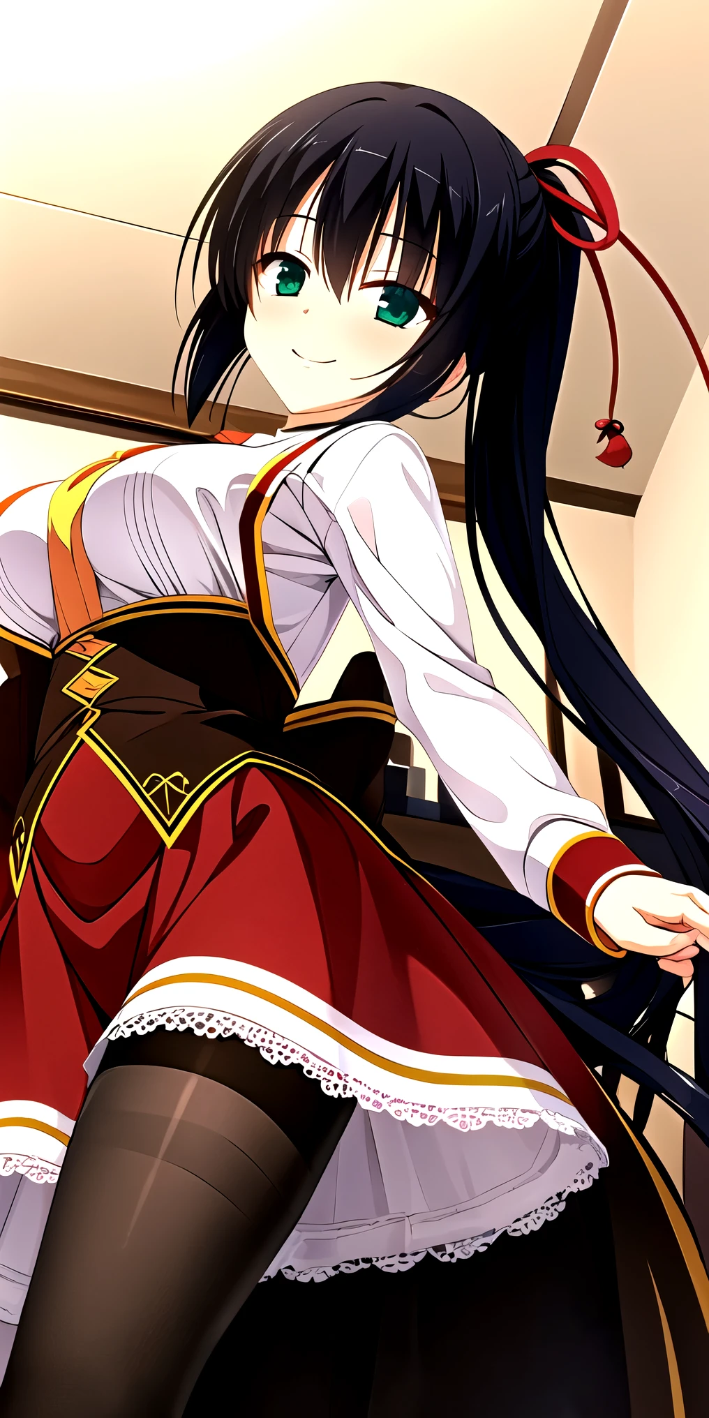 game cg, best quality, ultra-detailed, an extremely delicate and beautiful, high resolution, extremely detailed CG, masterpiece, ceiling, 
mature, perspective, dutch angle, standing, leg up, foot focus, feet, naughty smile, nose blush, low-angle -view, from below, facing at viewer,
yuzu soft, amairo, amagiri yune, 1girl, solo, black hair, long hair, ponytail, green eyes, very long hair, hair ribbon, black pantyhose, school uniform, red skirt, necktie,