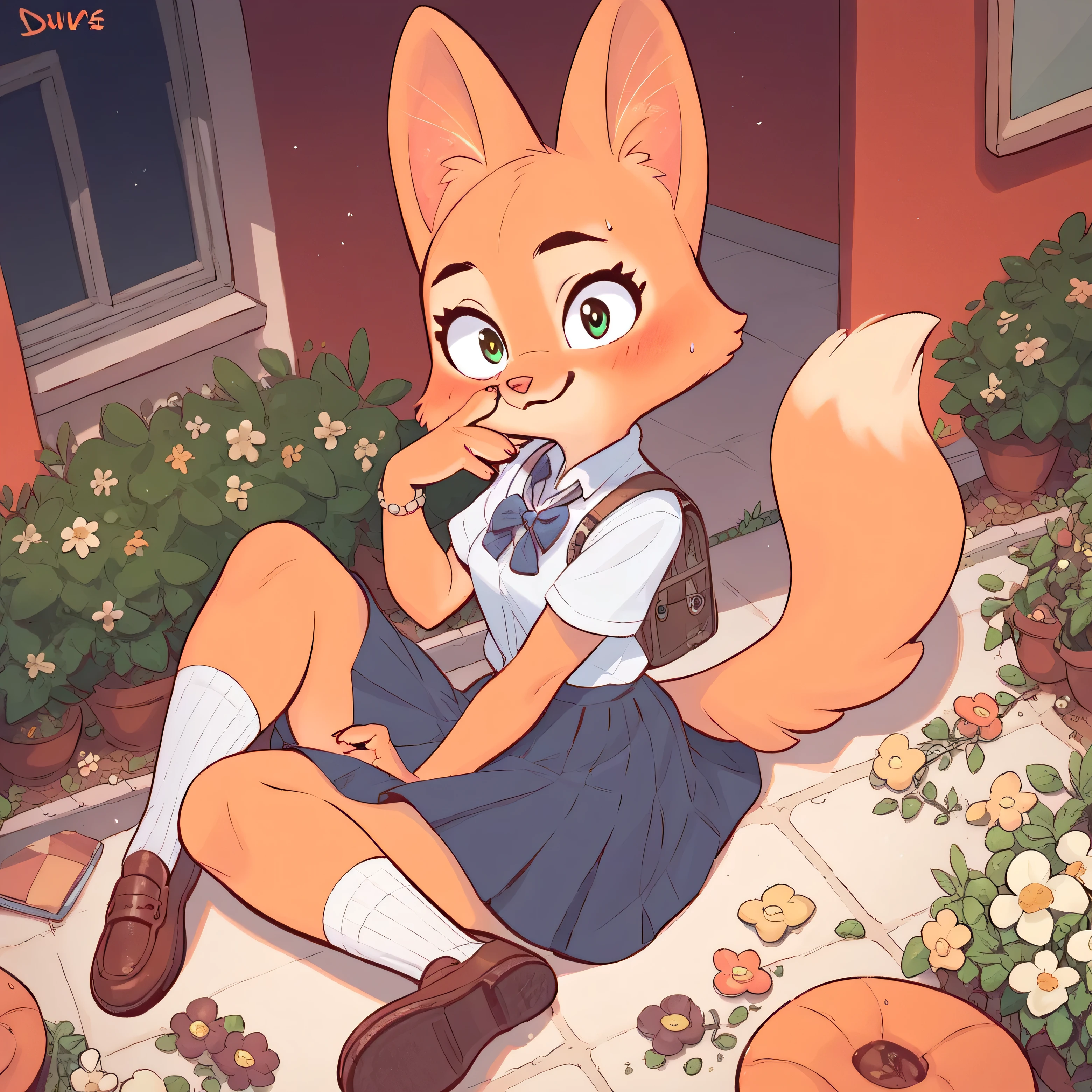Diane Foxington, , , ginger skin, emerald eyes, school uniform , blush, look at the spectator , Smiles, Interiors, alone, by diives