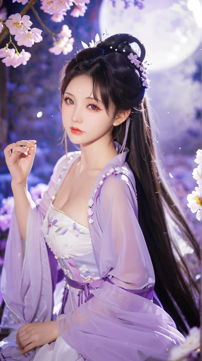 best quality, Delicate face,beautiful visual work, lifelike, eternity, black hair, Long curly hair, blunt bangs, Smile, Detailed Background, Delicate face,blush,cold,((masterpiece))、(top quality)、8k、high detail、Super detailed,31-year-old female,身穿唐制Hanfu、waist skirt, Clothes are light and fluffy,Hanfu, wide sleeves, Transparent sleeves, Long sleeve, Tunic, Clothes made of chiffon, masterpiece、born、Scenes resembling fairy tale illustrations、intricate details和複雜的設計、Beautifully、magic、capricious、 Beautifully、Dream aesthetics、「𝓡𝓸𝓶𝓪𝓷𝓽𝓲𝓬、ethereal、charming、fickle、magic」、realism、Visual effects、FXAA、SSAO、Shader、voiceless、ambient lighting、Tone mapping、High resolution、Ultra high quality、Million pixels、(8K resolution:1.10)、8k、8k以下、8K resolution、high detail、intricate details, (high quality:1.2、masterpiece:1.2、:1.21)、(31-year-old female:1.21)、(興奮地Smile)、(被dream般的氛圍所包圍、Model diagram,full-body shot,Normal 2 feet,Put your hands behind you,The protrusion of the breast is visible when wearing clothes, Large Breasts, H cup chest, antiquity, Xian Xia, gauze clothes, Soft and fluttering, Fairy, dream, fantasy, light, Elegant, nature, Immortal, romantic, classical, ribbon, light purple clothes,Behind the Forest