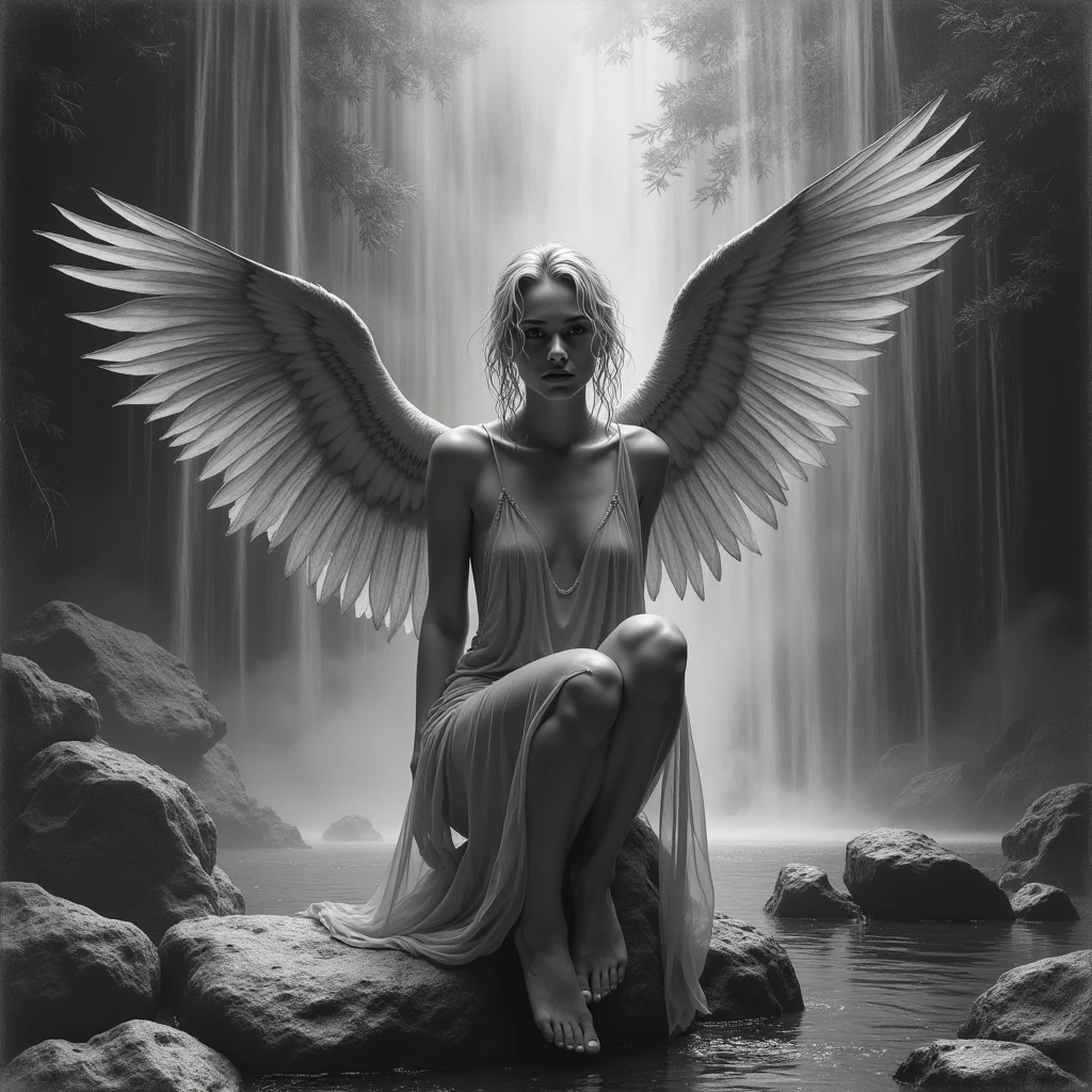 Blonde angel masturbating in the forest lake at night in rainy day 