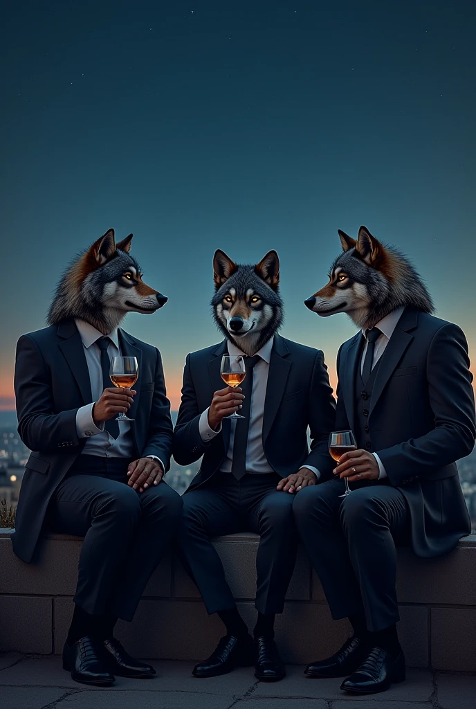 Four Wolves in formal dress with cigarette and liquor money and one of them saying "bring your blowjobs"