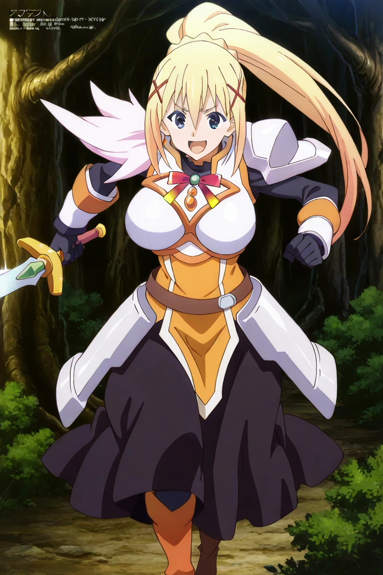 1girl,darkness,konosuba, fighting poses , dress,  fantasy forest,body armour,sword,white armour, happy, skirt
 ,  Prompt: (huge gigantic super mega hyper:1.4),(biggest round giant massive :1.4), (only one women), source_anime,masterpiece,best quality,highres,absurdres,official art,official style,source_anime,anime screencap,anime coloring,megami magazine,anime,animated,explicit, shiny skin,