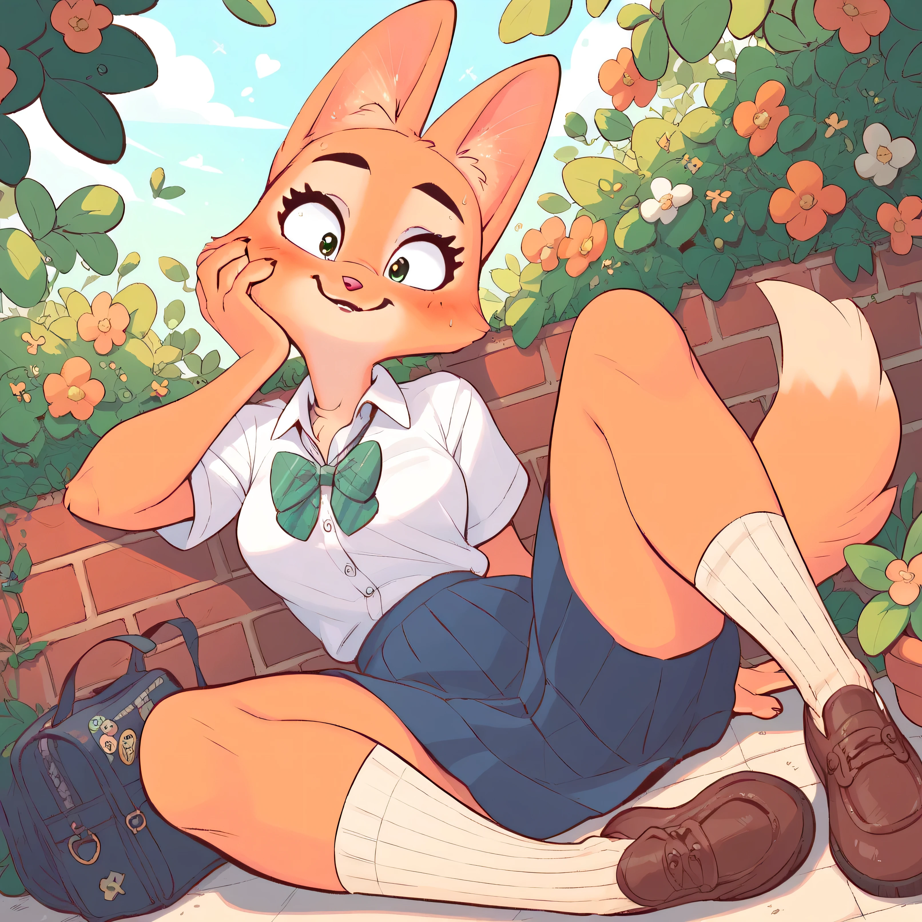 Diane Foxington, , , ginger skin, emerald eyes, school uniform , blush, look at the spectator , Smiles, Interiors, alone, by diives