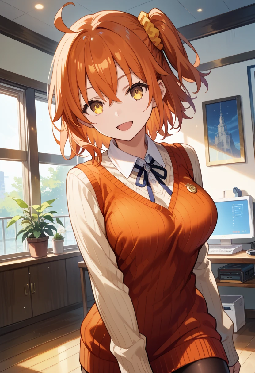 (score_9, score_8_up, score_7_up),source_anime,official art,(incredibly absurdres absolutely resolution,HD,8k,best quality,master piece,anatomically correct:1.2),ultra delicate hair,ultra delicate eyes,ultra delicate face,high quality illustration,super high resolution,hyper detailed,expressive eyes,ultra-detailed face,super detailed skin,Professional coloring,1girl,View Viewer,cowboy shot,livingroom,open mouth,light smile,aaritsuka,short hair,orange hair,ahoge,one side up,hair scrunchie,orange scrunchie,yellow eyes,breasts,sweater dress,black pantyhose