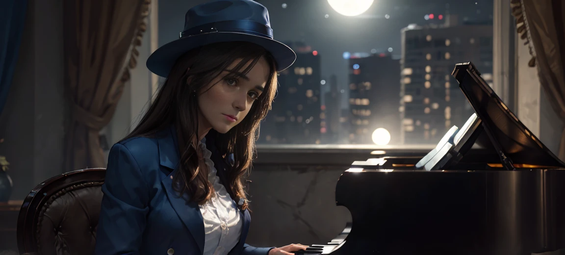 8K,  best quality, masterpiece, Victoria Villarruel dressed in a blue suit and blue hat like a mobster sitting playing the piano in the moonlight on a very dark balcony,  detailed face , smooth face,  long dark brown hair , slender with wide hips , cold melancholic expression , By the dark night .