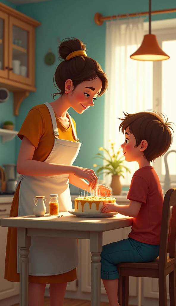Make a realistic image with the following described:
A woman is mixing chocolate and next to her on a table she has a large cup of chocolate that she serves to a boy who takes the chocolate and savors it..