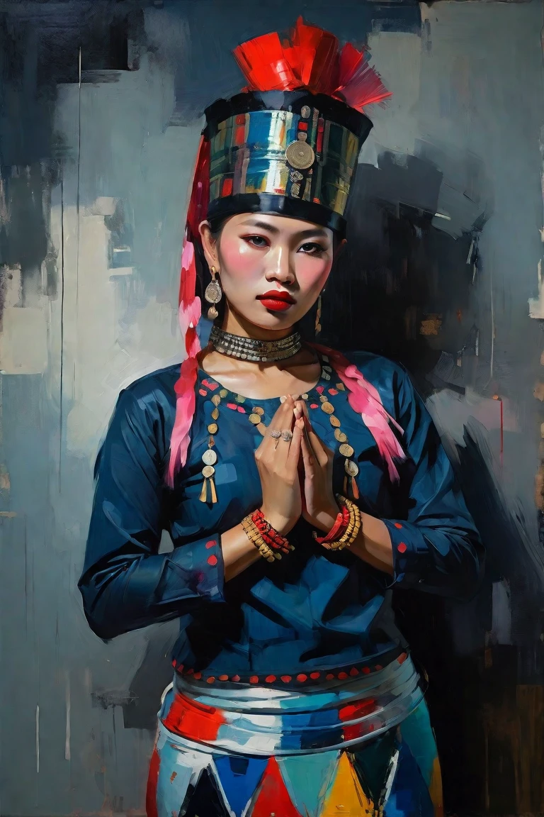 Create a contemporary portrait of a beautiful Kachin woman, Myanmar with Kachin Traditional dress, black long sleeve shirt and red skirt ,Decorated with silver coins, silver rings and decorated with silver chains on the black shirt , red head dress in the
expressive and painterly style of Malcolm Liepke,
utilizing a palette of yellow, light pink, muted blue, dark
grayish blue, bright blue, very dark gray, and
light grayish blue.The portrait should feature a
close-up of the subject's face with strong,
dynamic
brushstrokes and a focus on capturing
the depth and texture characteristic of
Liepke's work. Use light pink and bright
blue for the highlights and vibrant
areas,while employing muted blue, dark
grayish blue, very dark gray, and light
grayish blue to create shadows and
depth. Ensure the background
complements
the portrait with subtle variations of the
same color 
palette, evoking a sense of modern
elegance and
emotional intensity