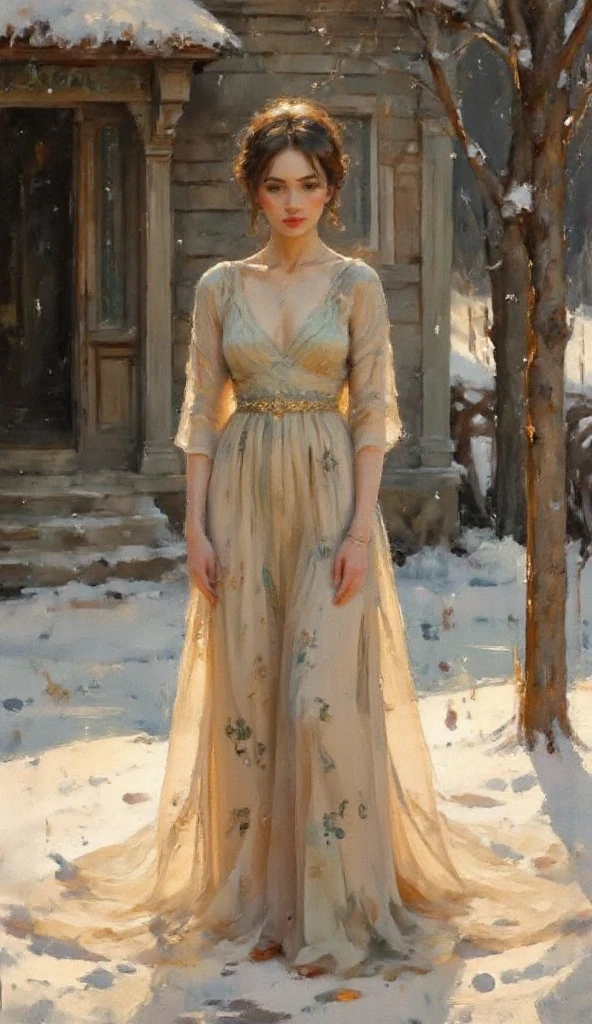 a full body image of a beautiful young woman, in a snowy village, cold atmosphere, detailed face and eyes, intricate clothing folds, soft lighting, winter landscape, warm color tones, photorealistic, cinematic composition, highly detailed A highly detailed full body fashion illustration, featuring a confident woman wearing an elegant emerald green evening gown, designed with intricate floral patterns and a long flowing train, accessorized with sparkling jewelry. ensuring the focus remains on the outfit and character design. The lighting is soft and even, highlighting the textures and details of the fabric. The image is presented in a clean, professional style, ideal for a high-fashion design portfolio.
