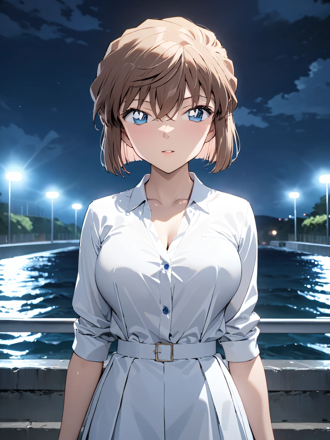 (Haibara Ai),  brown hair, White,  high school girl, Night sea,  cowboy shot , masterpiece:1.5, masterpiece, highest quality, UHD, retina, masterpiece, accurate anatomy, super detailed, high quality, best quality, 8k