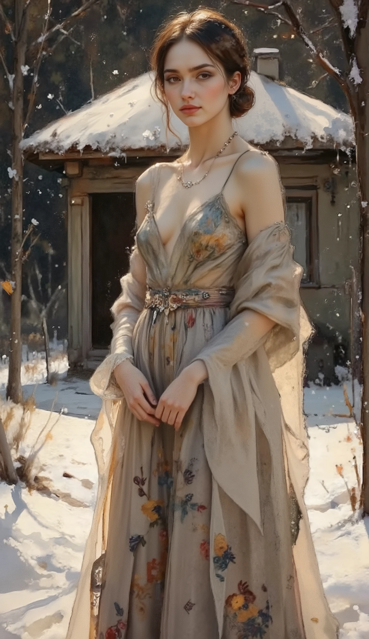 a full body image of a beautiful young woman, in a snowy village, cold atmosphere, detailed face and eyes, intricate clothing folds, soft lighting, winter landscape, warm color tones, photorealistic, cinematic composition, highly detailed A highly detailed full body fashion illustration, featuring a confident woman wearing an elegant evening gown, designed with intricate floral patterns and a long flowing train, accessorized with sparkling jewelry. ensuring the focus remains on the outfit and character design. The lighting is soft and even, highlighting the textures and details of the fabric. The image is presented in a clean, professional style, ideal for a high-fashion design portfolio.
