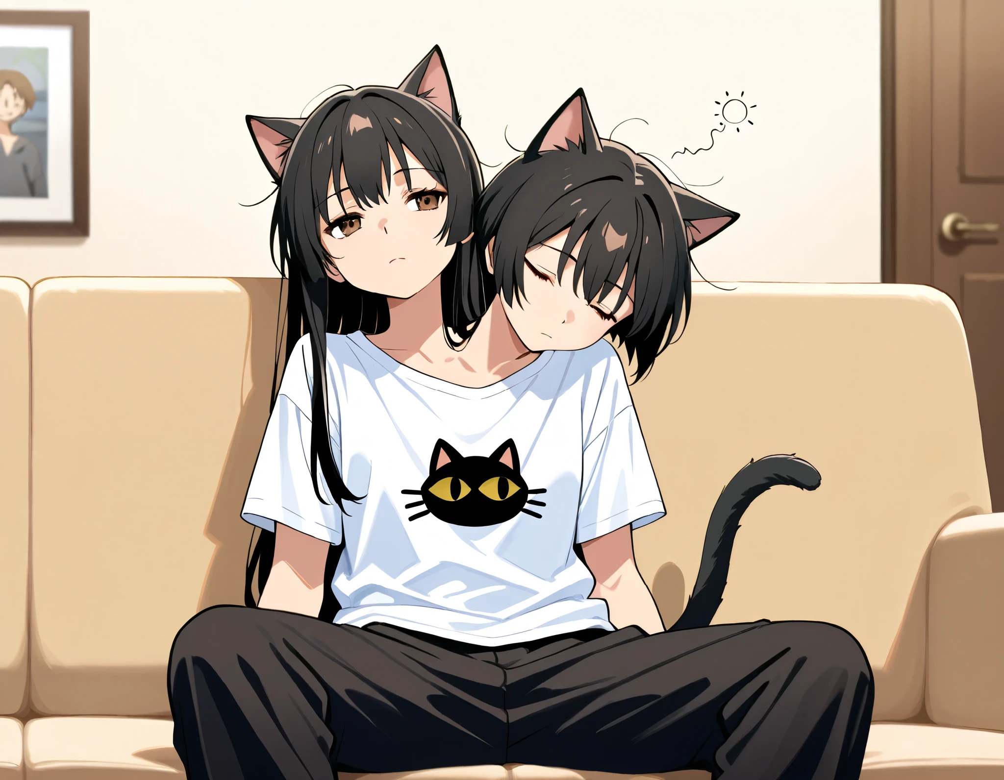 Anime image of a couple of cats sitting on a couch - SeaArt AI
