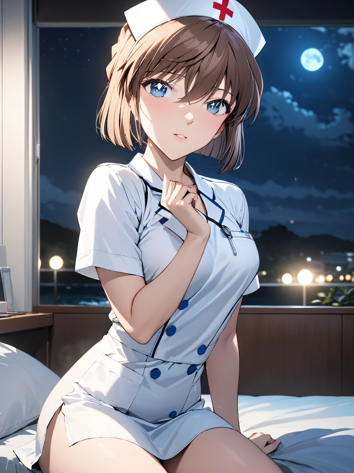 (Haibara Ai),  brown hair, nurse,  high school girl, Night sea,  cowboy shot , masterpiece:1.5, masterpiece, highest quality, UHD, retina, masterpiece, accurate anatomy, super detailed, high quality, best quality, 8k